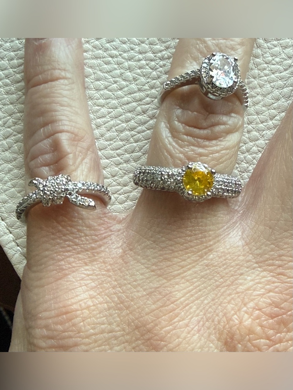 Set of 3 White Gold Plated Rings with Crystal Accents - Size Adjustable